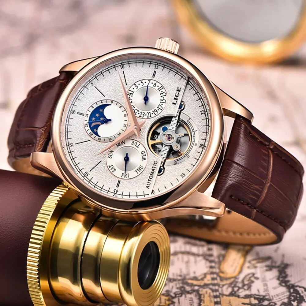 LIGE Men's Automatic Tourbillon Watch – Leather Strap & Waterproof Design