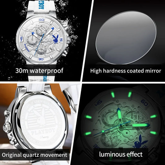 PLAYBOY Men's Luxury Sports Watch – Multifunction Quartz with Silicone Strap