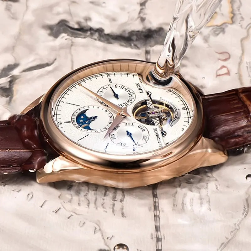 LIGE Men's Automatic Tourbillon Watch – Leather Strap & Waterproof Design