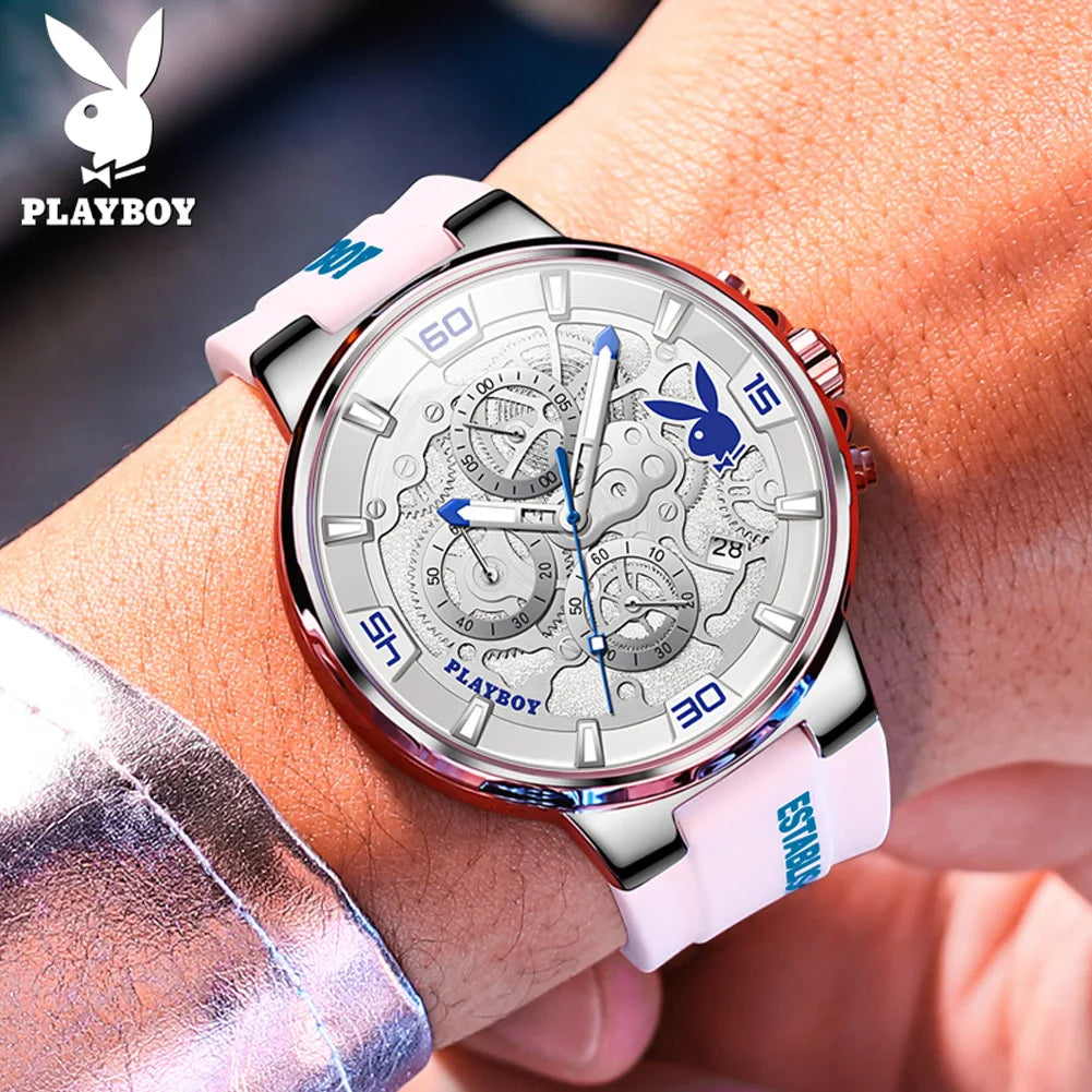 PLAYBOY Men's Luxury Sports Watch – Multifunction Quartz with Silicone Strap