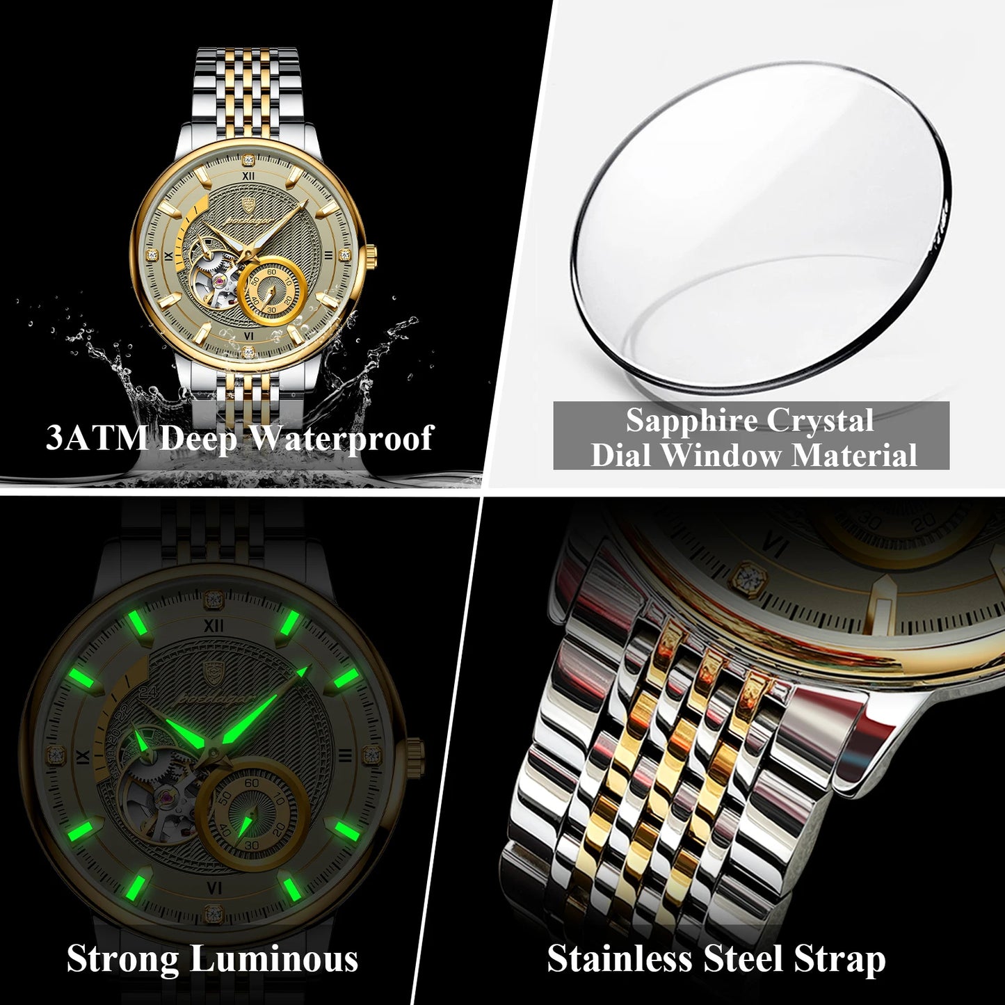 POEDAGAR Luxury Men's Automatic Tourbillon Watch – Luminous Skeleton Stainless Steel