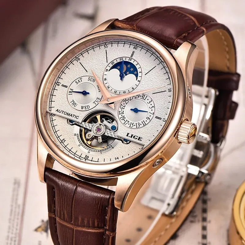 LIGE Men's Automatic Tourbillon Watch – Leather Strap & Waterproof Design