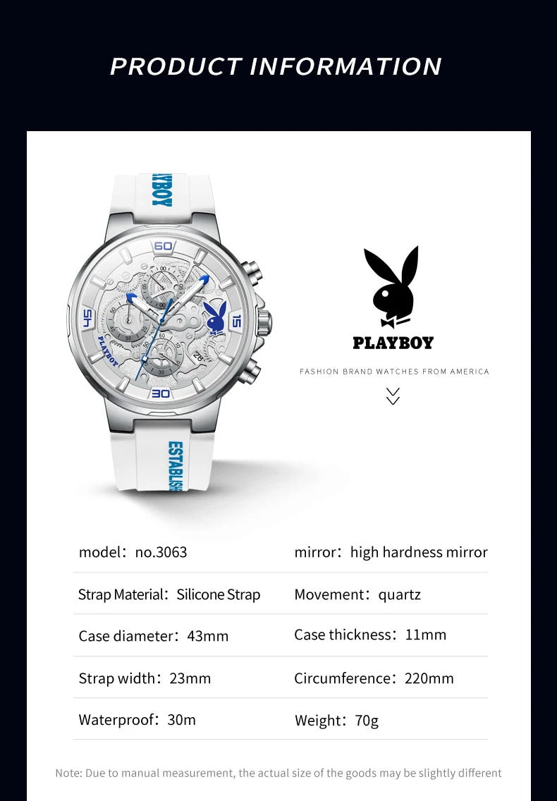 PLAYBOY Men's Luxury Sports Watch – Multifunction Quartz with Silicone Strap