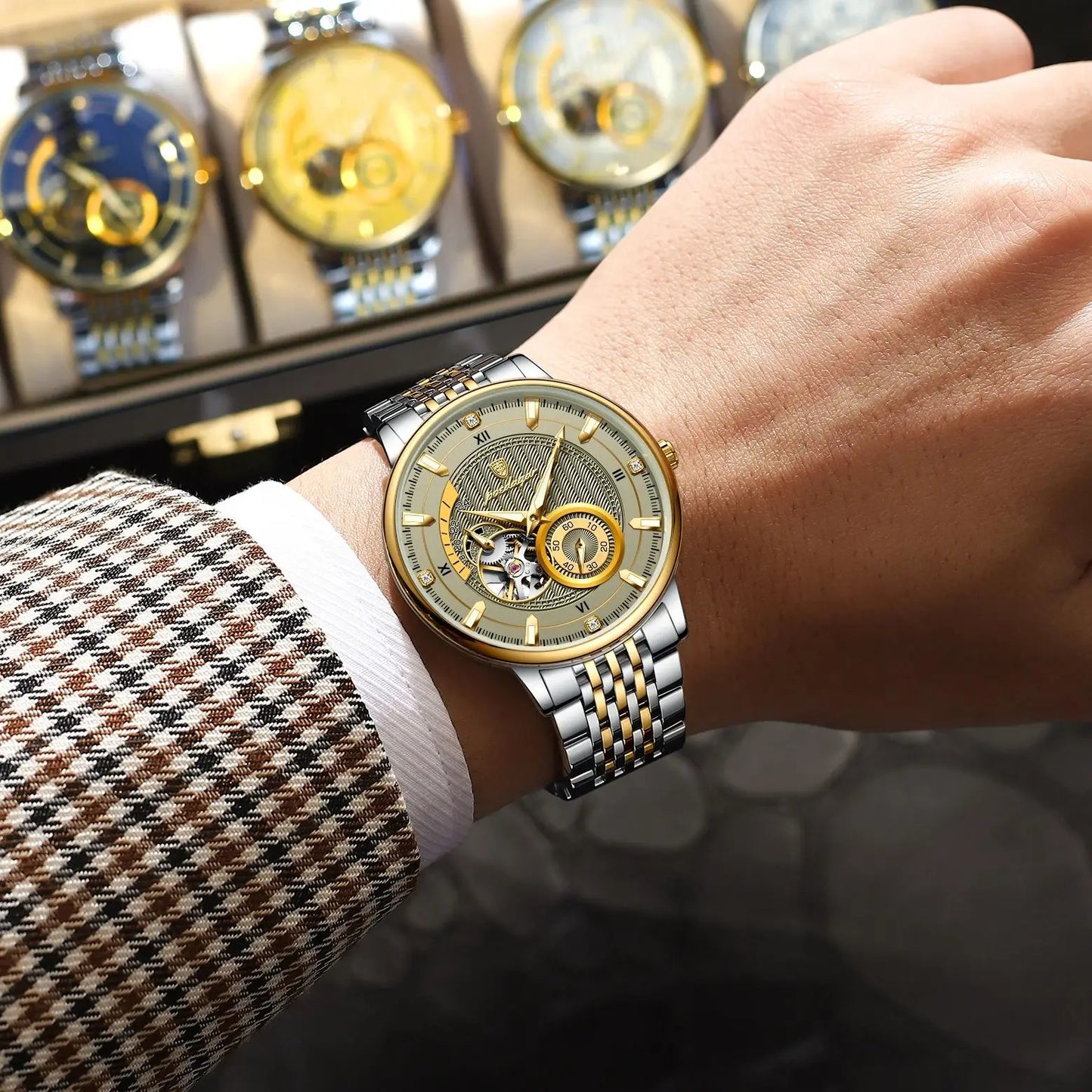 POEDAGAR Luxury Men's Automatic Tourbillon Watch – Luminous Skeleton Stainless Steel