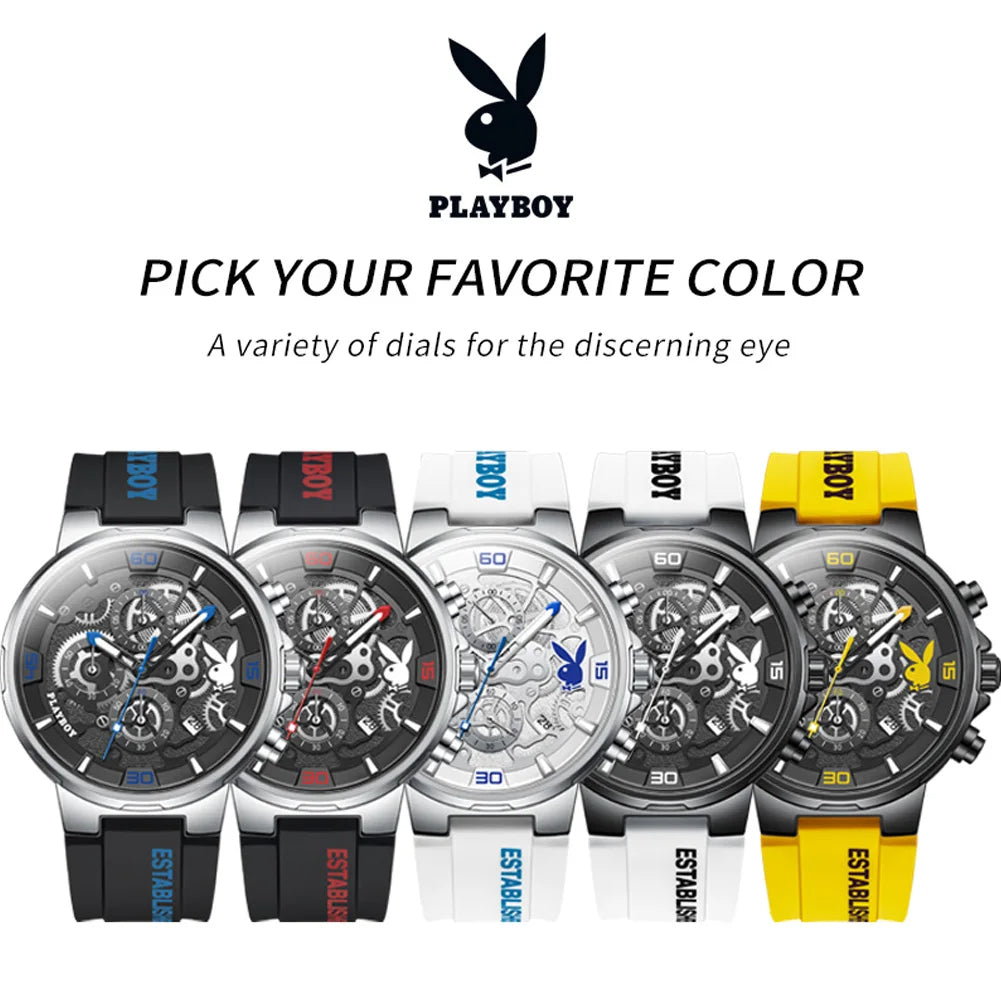 PLAYBOY Men's Luxury Sports Watch – Multifunction Quartz with Silicone Strap