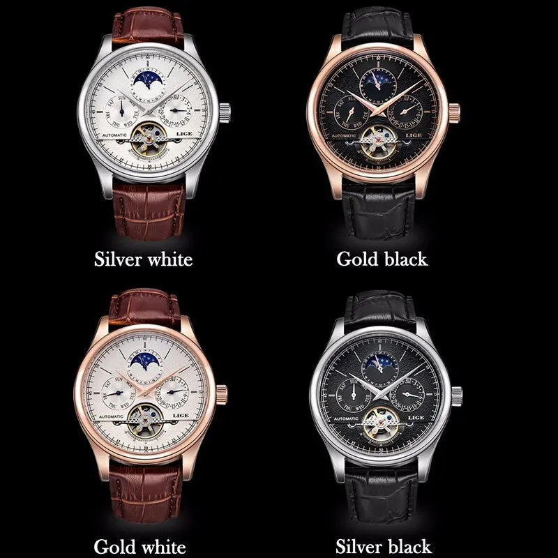 LIGE Men's Automatic Tourbillon Watch – Leather Strap & Waterproof Design