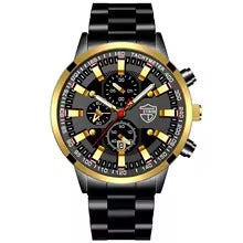 Luxury Men's Quartz Watch – Steel Band, Gold Hands, Calendar, Classic Business Style