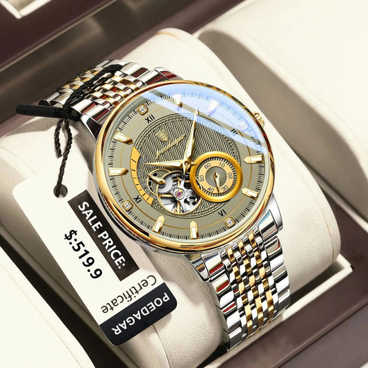 POEDAGAR Luxury Men's Automatic Tourbillon Watch – Luminous Skeleton Stainless Steel