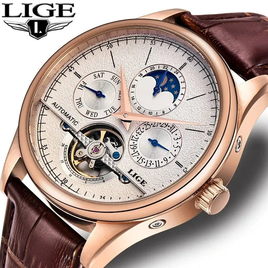 LIGE Men's Automatic Tourbillon Watch – Leather Strap & Waterproof Design