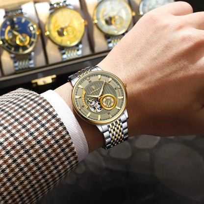 POEDAGAR Luxury Men's Automatic Tourbillon Watch – Luminous Skeleton Stainless Steel